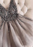 Shimmering A-Line V-Neck Sleeveless Tulle Mini Homecoming Dress With Sequins Beading BM bride
