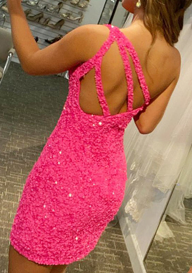 Sparkling Sheath One-Shoulder Sleeveless Sequined Mini Homecoming Dress BM bride