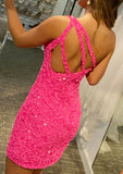 Sparkling Sheath One-Shoulder Sleeveless Sequined Mini Homecoming Dress BM bride