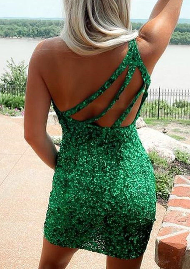 Sparkling Sheath One-Shoulder Sleeveless Sequined Mini Homecoming Dress BM bride