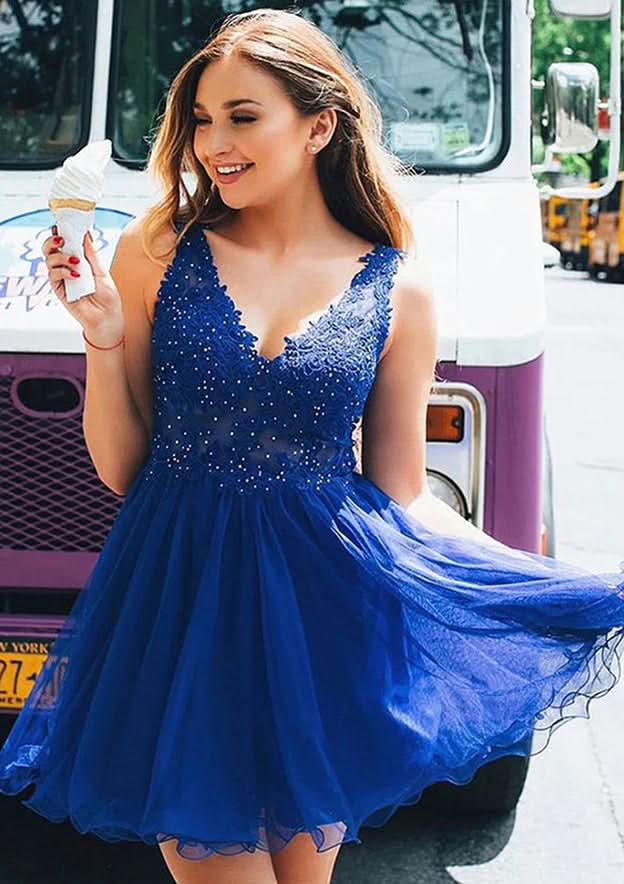 Beautiful A-Line V-Neck Sleeveless Tulle Mini Homecoming Dress With Applique Beading Lace BM bride