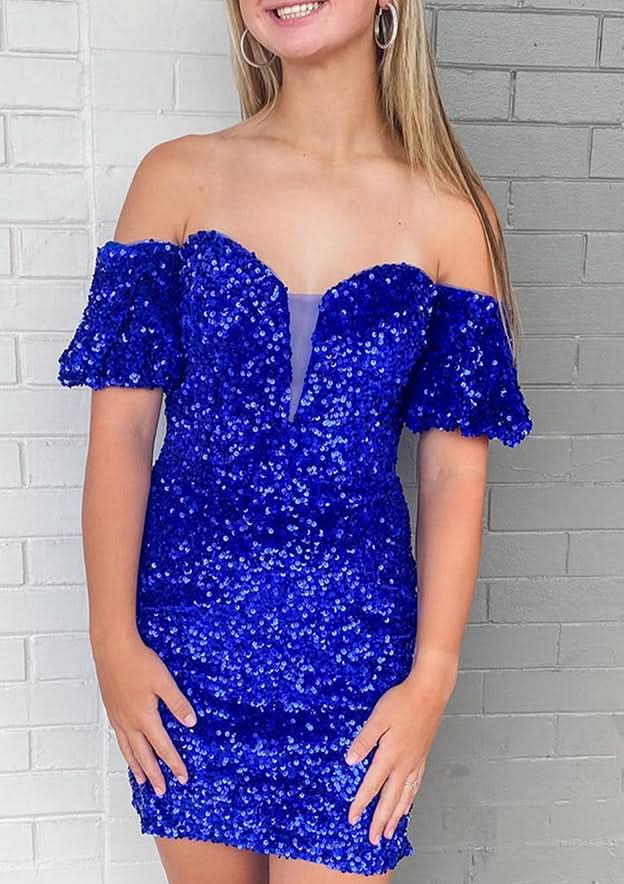 Elegant Sheath Off-The-Shoulder Short Sleeve Sequined Mini Homecoming Dress BM bride