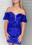 Elegant Sheath Off-The-Shoulder Short Sleeve Sequined Mini Homecoming Dress BM bride