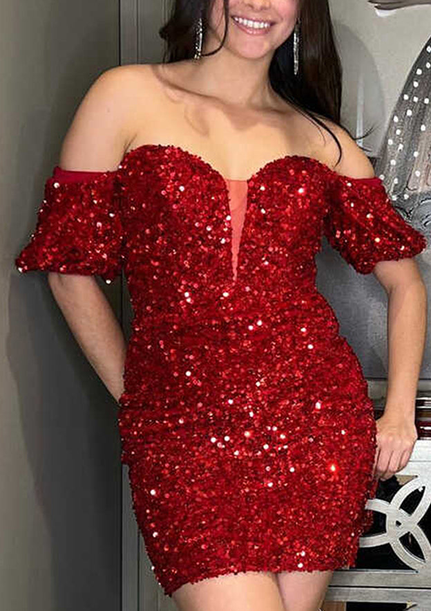 Elegant Sheath Off-The-Shoulder Short Sleeve Sequined Mini Homecoming Dress BM bride