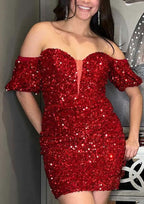 Elegant Sheath Off-The-Shoulder Short Sleeve Sequined Mini Homecoming Dress BM bride
