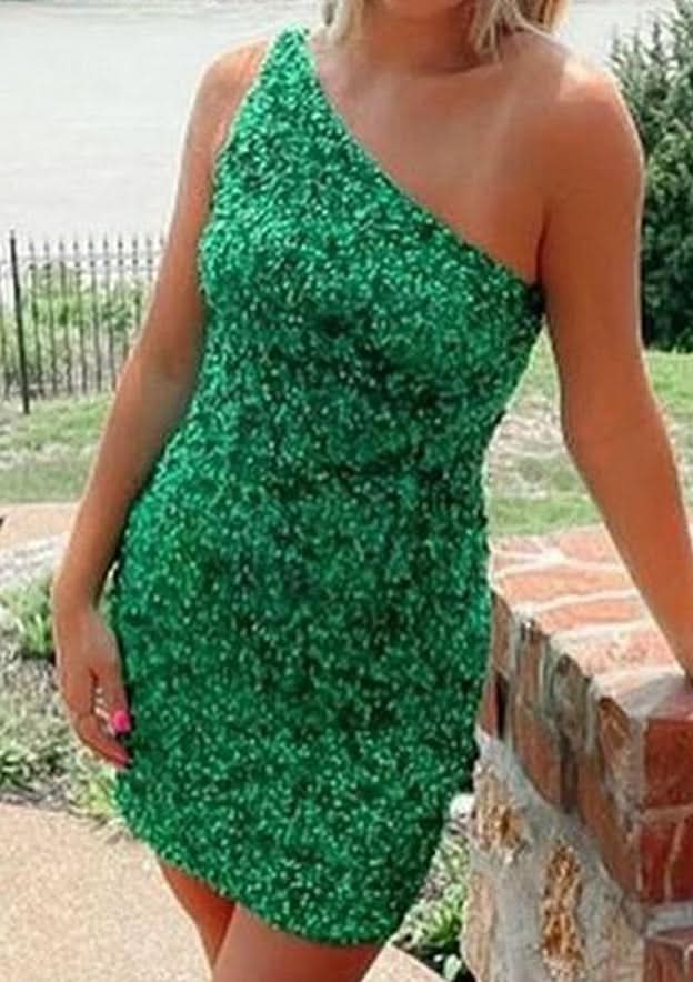 Sparkling Sheath One-Shoulder Sleeveless Sequined Mini Homecoming Dress BM bride
