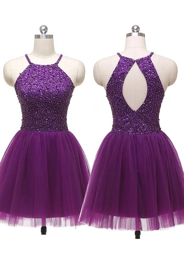 Radiant A-Line Halter Sleeveless Tulle Mini Homecoming Dress With Beading Pleated Sequins BM bride
