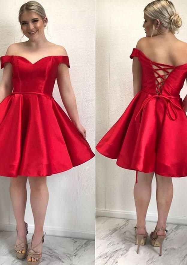 Classic A-Line Off-The-Shoulder Sleeveless Satin Mini Homecoming Dress With Sashes BM bride