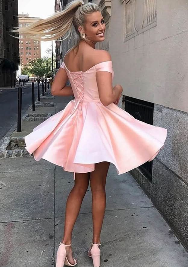 Classic A-Line Off-The-Shoulder Sleeveless Satin Mini Homecoming Dress With Sashes BM bride