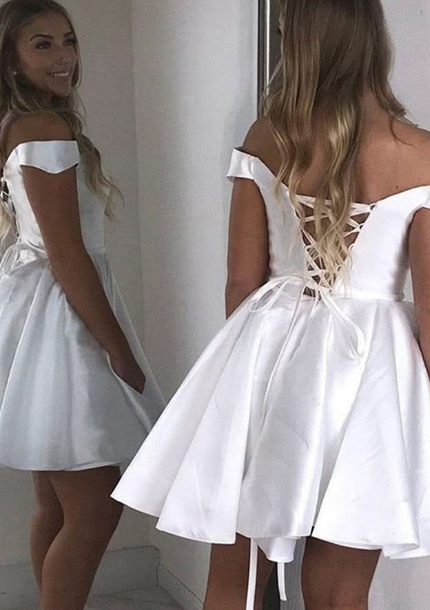 Classic A-Line Off-The-Shoulder Sleeveless Satin Mini Homecoming Dress With Sashes BM bride