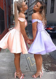 Classic A-Line Off-The-Shoulder Sleeveless Satin Mini Homecoming Dress With Sashes BM bride