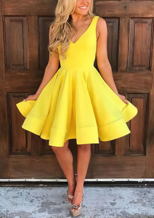 Refined A-Line V-Neck Sleeveless Satin Mini Homecoming Dress BM bride
