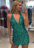 Dazzling Sheath Halter Sleeveless Sequined Mini Homecoming Dress BM bride