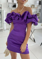 Sleek Sheath Off-The-Shoulder Sleeveless Satin Mini Homecoming Dress With Ruffles BM bride
