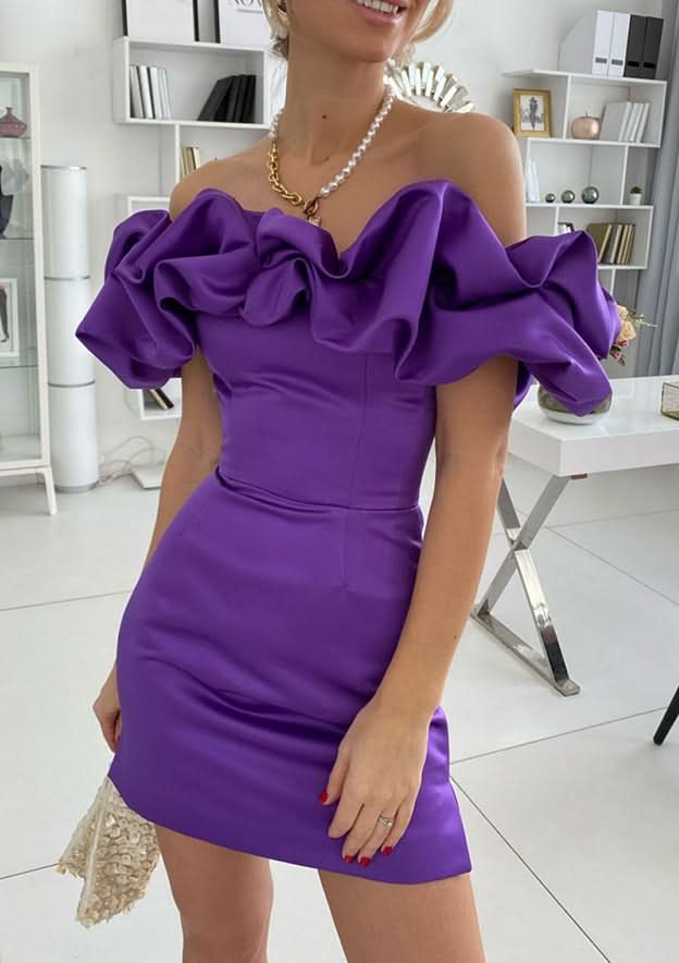 Sleek Sheath Off-The-Shoulder Sleeveless Satin Mini Homecoming Dress With Ruffles BM bride