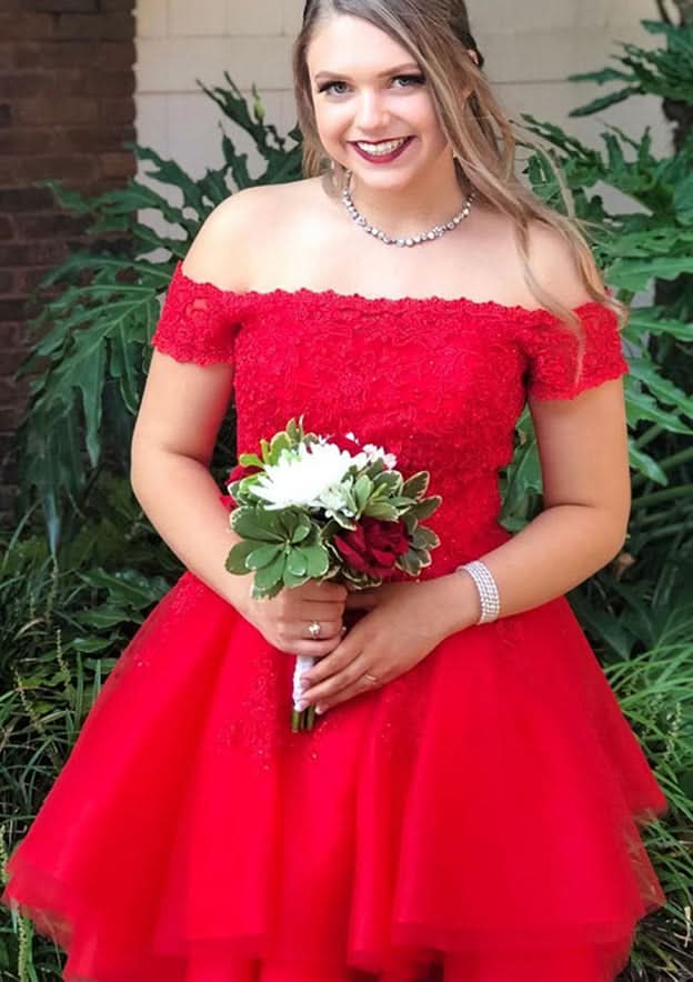 Enchanting A-Line Off-The-Shoulder Short Sleeve Lace Tulle Mini Homecoming Dress With Beading BM bride