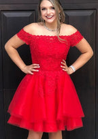 Enchanting A-Line Off-The-Shoulder Short Sleeve Lace Tulle Mini Homecoming Dress With Beading BM bride