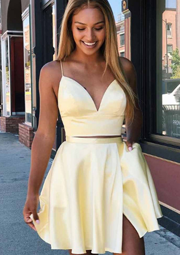 Sophisticated A-Line V-Neck Sleeveless Charmeuse Mini Homecoming Dress With Split And Pockets BM bride
