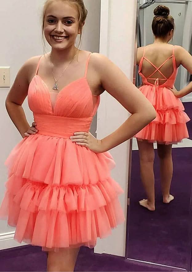 Lovely A-Line V-Neck Sleeveless Mini Tulle Homecoming Dress With Pleated Ruffles BM bride