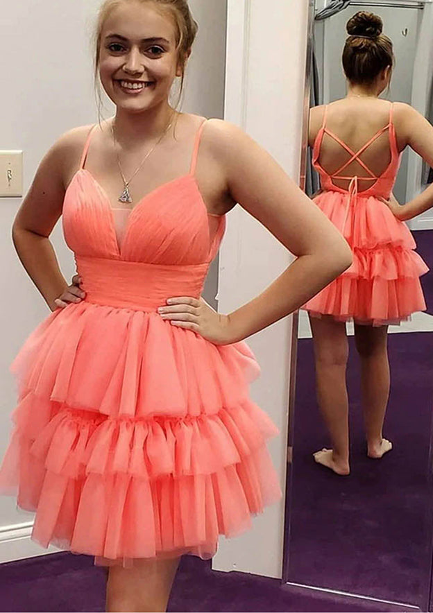 Lovely A-Line V-Neck Sleeveless Mini Tulle Homecoming Dress With Pleated Ruffles BM bride