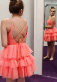Lovely A-Line V-Neck Sleeveless Mini Tulle Homecoming Dress With Pleated Ruffles BM bride