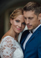 Lace Sheath/Column Wedding Dress with Half Sleeves and Knee-Length Bateau Design BM bride