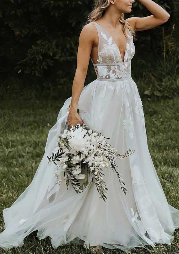Charming Princess A-Line V-Neck Sleeveless Tulle Wedding Dress with Lace Applique and Sweep Train BM bride