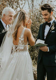 Charming Princess A-Line V-Neck Sleeveless Tulle Wedding Dress with Lace Appliqued and Sweep Train BM bride