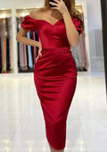 Elegant Sheath Off-The-Shoulder Short Sleeve Tea-Length Satin Prom Dress With Pleats BM bride