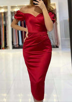 Elegant Sheath Off-The-Shoulder Short Sleeve Tea-Length Satin Prom Dress With Pleats BM bride