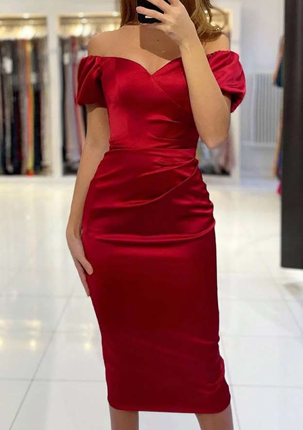 Elegant Sheath Off-The-Shoulder Short Sleeve Tea-Length Satin Prom Dress With Pleats BM bride