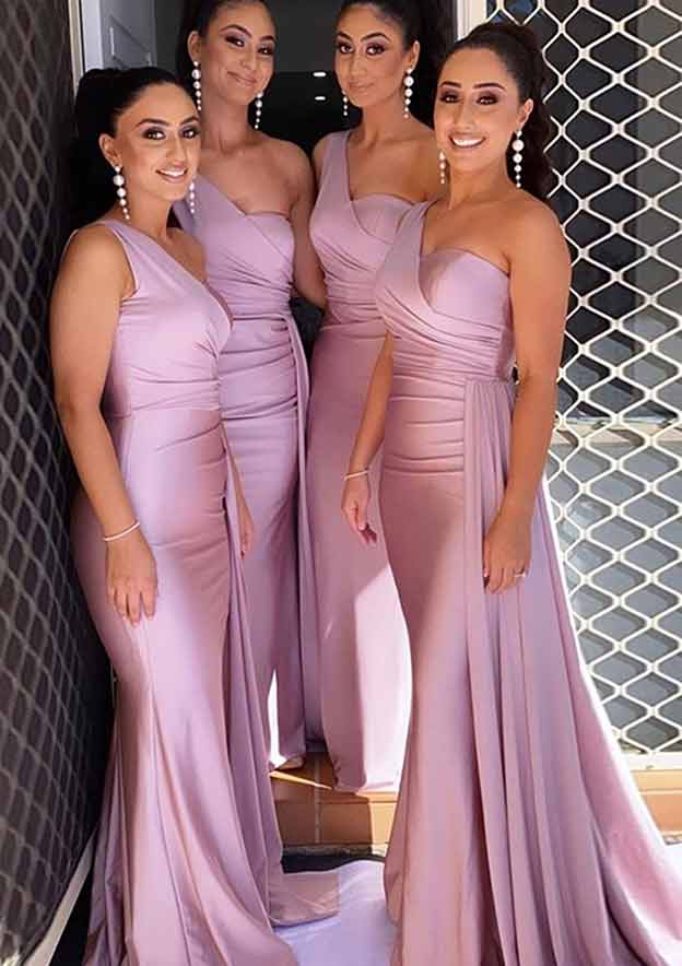 Trumpet/Mermaid One-Shoulder Sleeveless Jersey Bridesmaid Dress, Sweep Train With Pleats And Side Draping BM bride