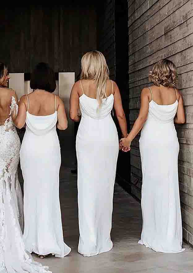 Floor-Length Satin Bridesmaid Dress With Cowl Neck And Spaghetti Straps In Sheath/Column Cut BM bride