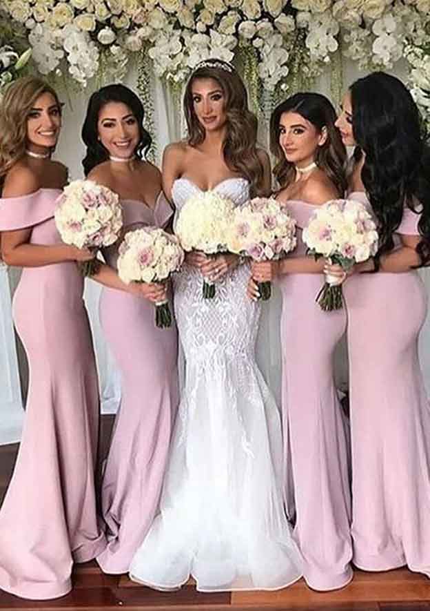 Off-The-Shoulder Trumpet/Mermaid Satin Bridesmaid Dress, Floor-Length, Elastic, And Elegant BM bride