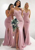 Trumpet/Mermaid Floor-Length Sleeveless Elastic Satin Bridesmaid Dress, V-Neck With Pleats And Split BM bride