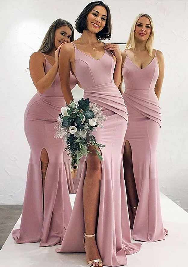 Trumpet/Mermaid Floor-Length Sleeveless Elastic Satin Bridesmaid Dress, V-Neck With Pleats And Split BM bride