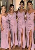 Sheath/Column Floor-Length Sleeveless Chiffon Bridesmaid Dress, V-Neck With Pleats And Split BM bride