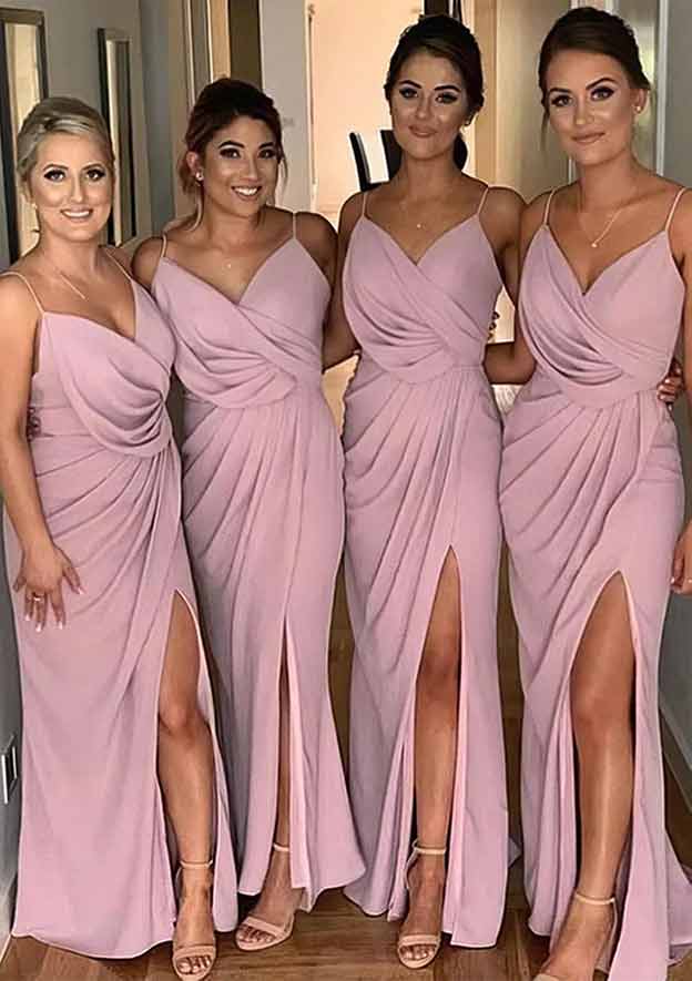 Sheath/Column Floor-Length Sleeveless Chiffon Bridesmaid Dress, V-Neck With Pleats And Split BM bride