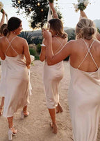 Sheath/Column Tea-Length Sleeveless Satin Bridesmaid Dress, Cowl Neck BM bride