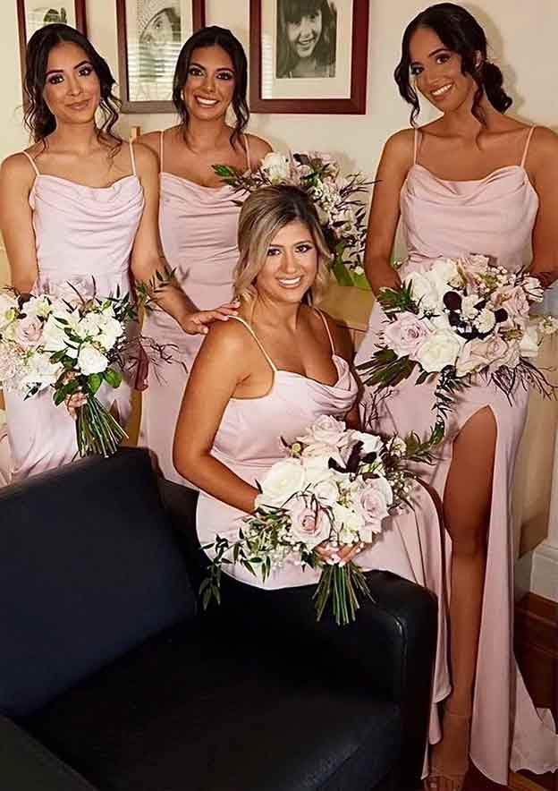 Floor-Length Satin Bridesmaid Dress In Sheath/Column Shape, Cowl Neck, Spaghetti Straps, Pleats, And Split BM bride
