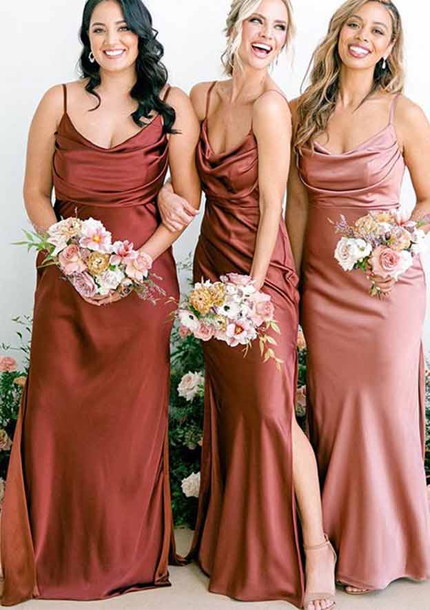 Floor-Length Satin Bridesmaid Dress In Sheath/Column Shape, Cowl Neck, Spaghetti Straps, Pleats, And Split BM bride