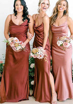 Floor-Length Satin Bridesmaid Dress In Sheath/Column Shape, Cowl Neck, Spaghetti Straps, Pleats, And Split BM bride