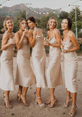 Sheath/Column Tea-Length Sleeveless Satin Bridesmaid Dress, Cowl Neck BM bride