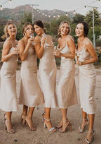 Sheath/Column Tea-Length Sleeveless Satin Bridesmaid Dress, Cowl Neck BM bride