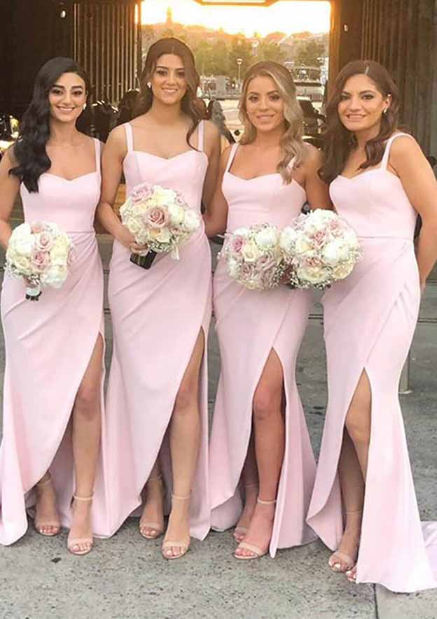 Sweep Train Elastic Satin Bridesmaid Dress In Sheath/Column Shape, Sweetheart Neck, Sleeveless, Pleats, And Split BM bride
