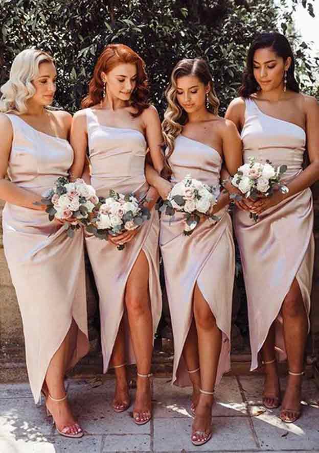 Ankle-Length Satin Bridesmaid Dress In Sheath/Column Style, One-Shoulder, Pleats, And Split BM bride