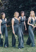 Floor-Length Jersey Bridesmaid Dress In Jumpsuit/Pantsuit Style, Sleeveless, With Pleats BM bride