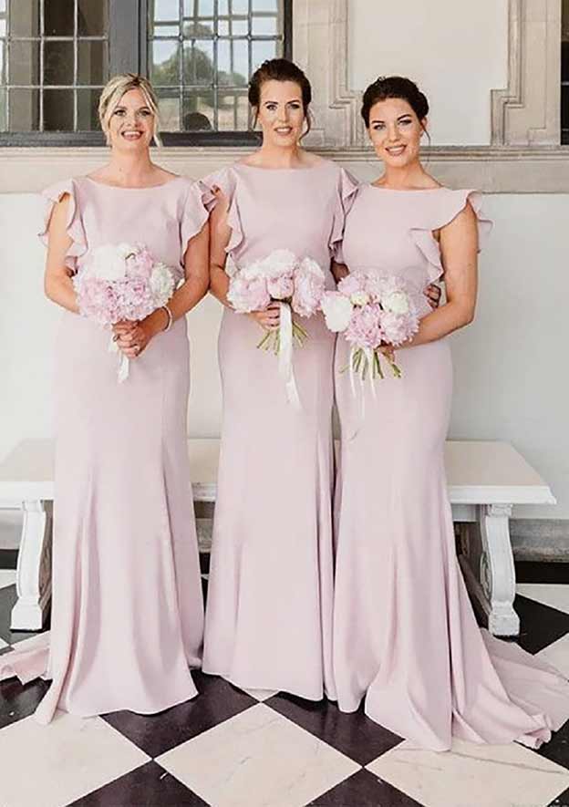 Sweep Train Elastic Satin Bridesmaid Dress In Sheath/Column Shape, Scoop Neck, Sleeveless, With Ruffles BM bride