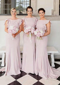 Sweep Train Elastic Satin Bridesmaid Dress In Sheath/Column Shape, Scoop Neck, Sleeveless, With Ruffles BM bride