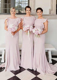 Sweep Train Elastic Satin Bridesmaid Dress In Sheath/Column Shape, Scoop Neck, Sleeveless, With Ruffles BM bride